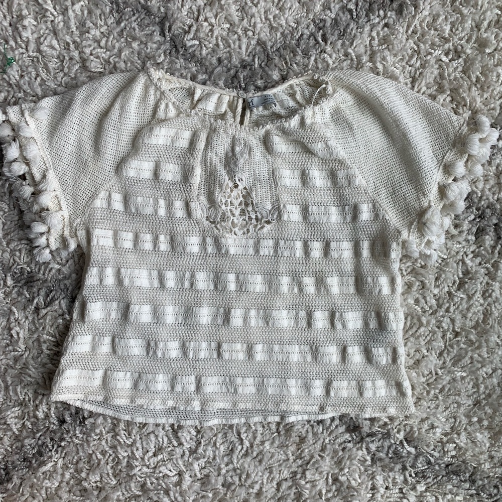 Zara Knit Top with Fringed Pom Sleeve